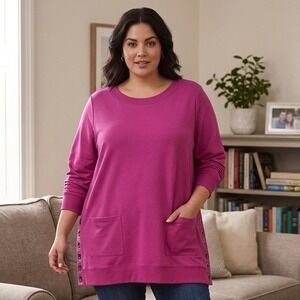 Soft Surroundings 2X Magenta Pink Grommet Side Slit Pocket Tunic Sweatshirt‎